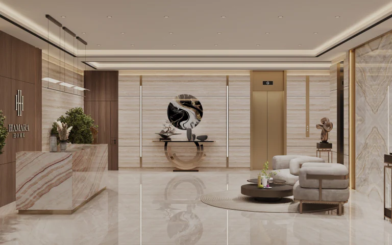 Reception area interior at Almaara Residences
