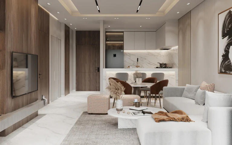 Rendered apartment interior at Almaara Residences