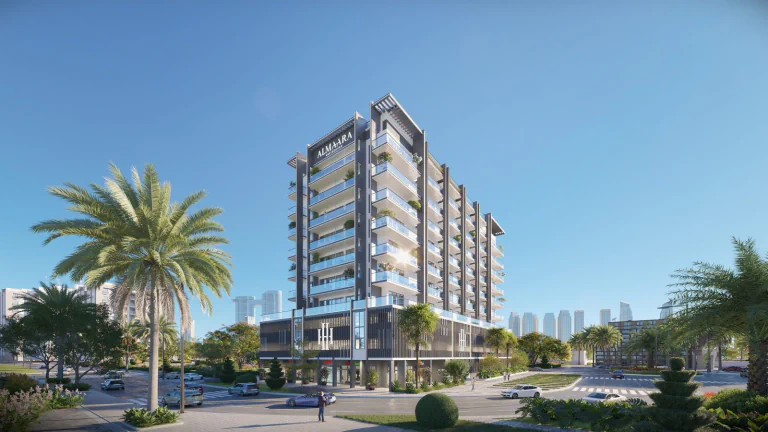 Daytime exterior of Almaara Residences in Al Furjan Dubai