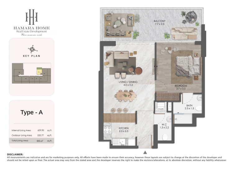One-bedroom apartment floor plan at Almaara Residences