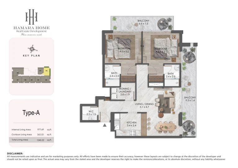 Two-bedroom apartment floor plan at Almaara Residences