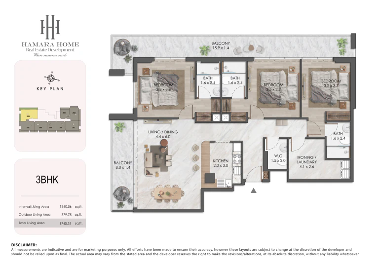 Three-bedroom apartment floor plan at Almaara Residences