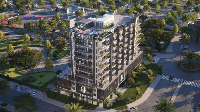 Aerial daytime view of Almaara Residences in Al Furjan