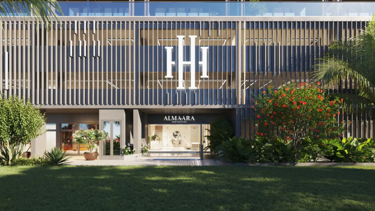Main entrance of Almaara Residences during the day