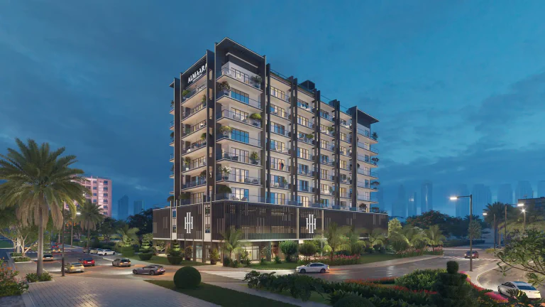 Evening exterior profile view of Almaara Residences