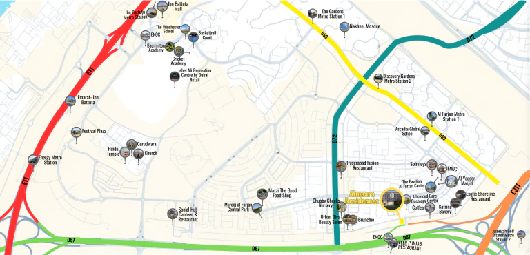 Project map showing key locations near Almaara Residences